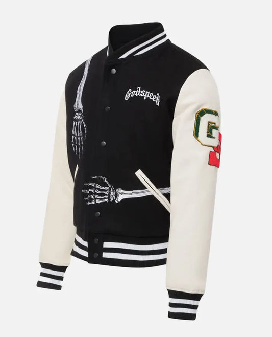 Men's Godspeed Skull Black & White Varsity Leather Jacket - side angle view