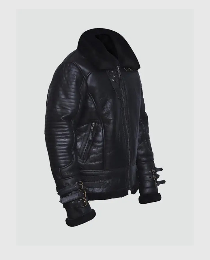 Men's Affliction Black Shearling Leather Jacket – Custom Fit - side angle view