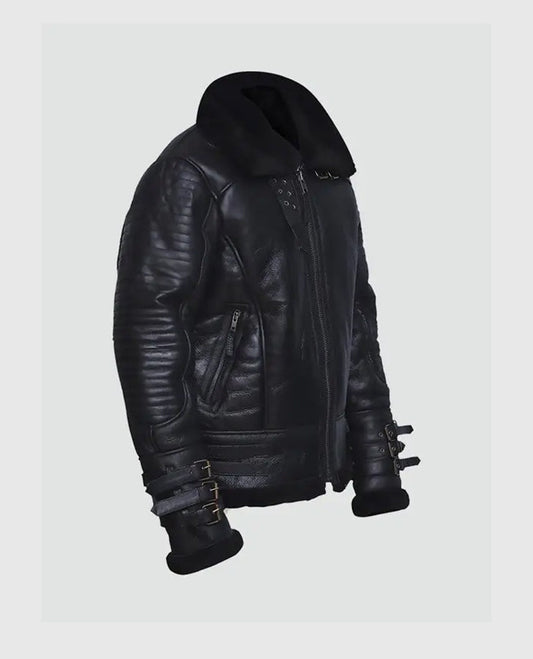 Men's Affliction Black Shearling Leather Jacket – Custom Fit - side angle view