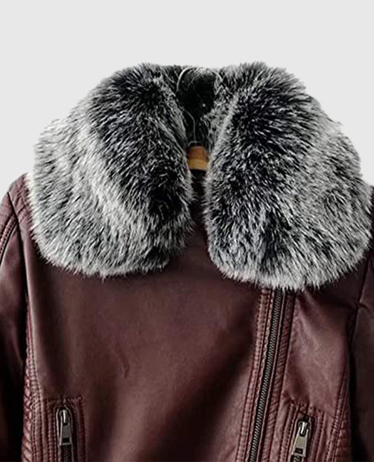 Women's Faux Fur Quilted Moto Maroon Leather Jacket - side angle view