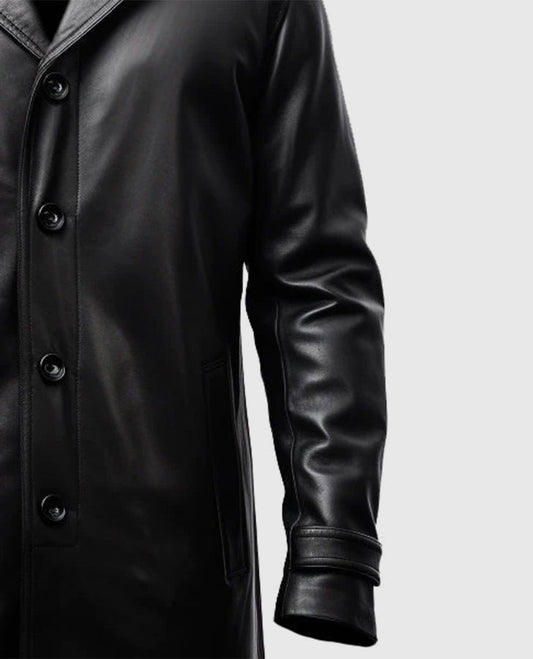 Men's Black Leather Car Style Coat – Custom Fit | Genuine Leather - collar and zip close-up