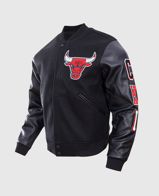 NBA Chicago Bulls Men's Black Varsity Leather Jacket - side angle view