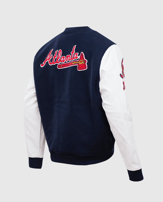 MLB Atlanta Braves Men's Blue Varsity Leather Jacket - side angle view