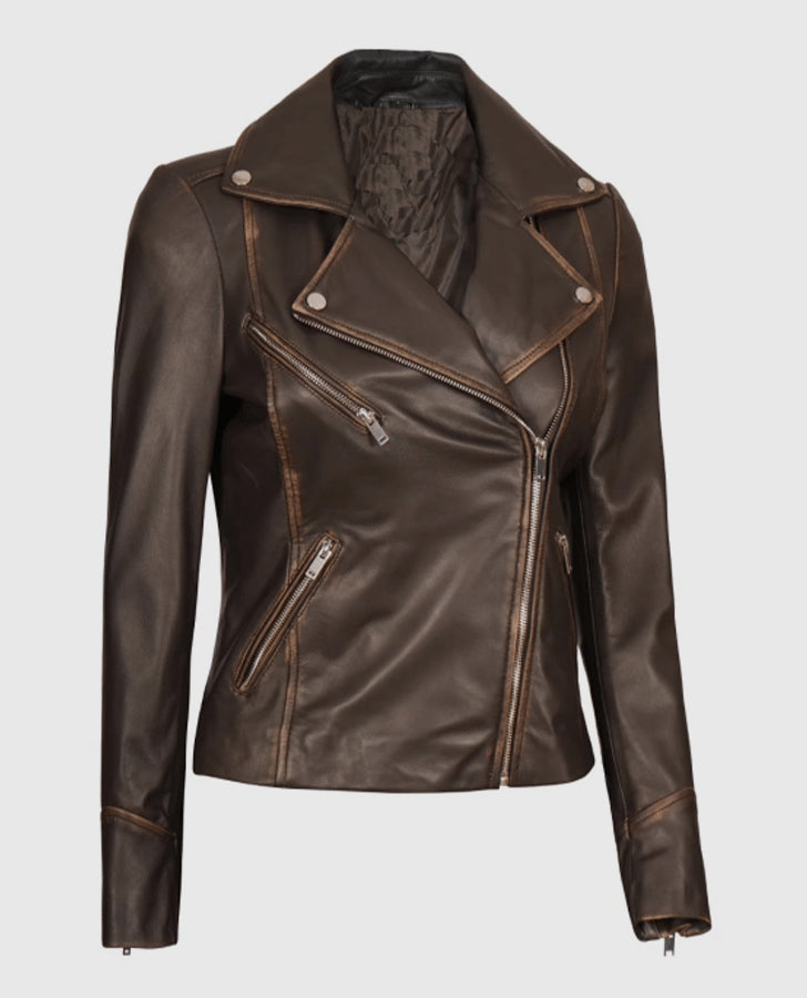 Women's Brown Rub-off Vintage Leather Biker Jacket - collar and zip close-up