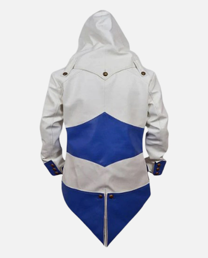 Assassins Creed 3 White and Blue Hooded Leather Jacket for Men - model wearing the jacket