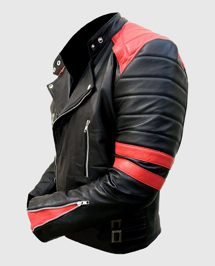 Men's Vintage Red Stripes Motorcycle Leather Jacket - collar and zip close-up