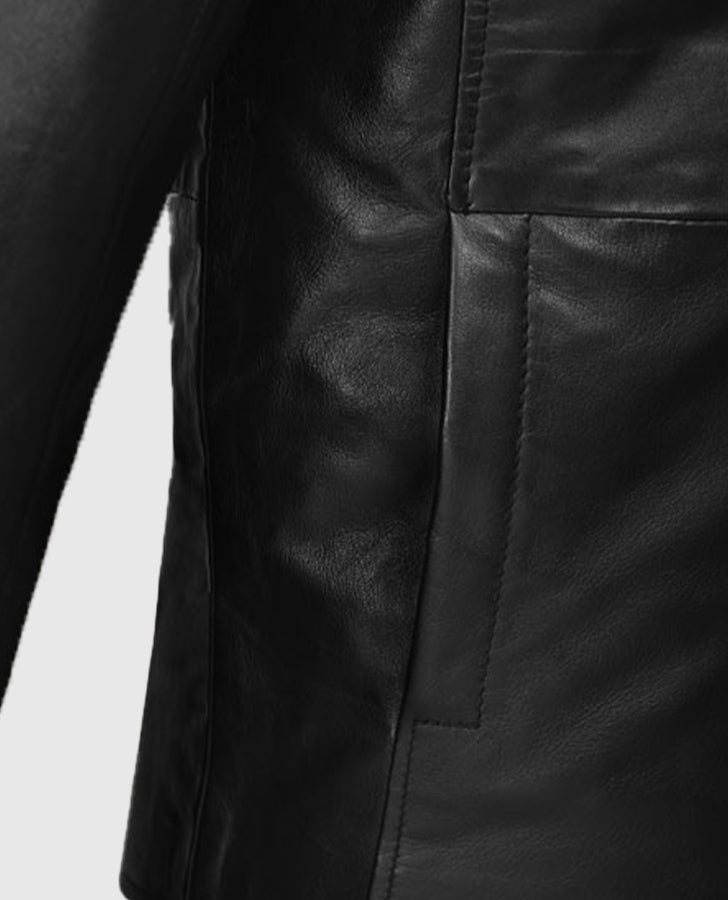 Eric Dane Grey's Anatomy Black Leather Jacket for Men - collar and zip close-up