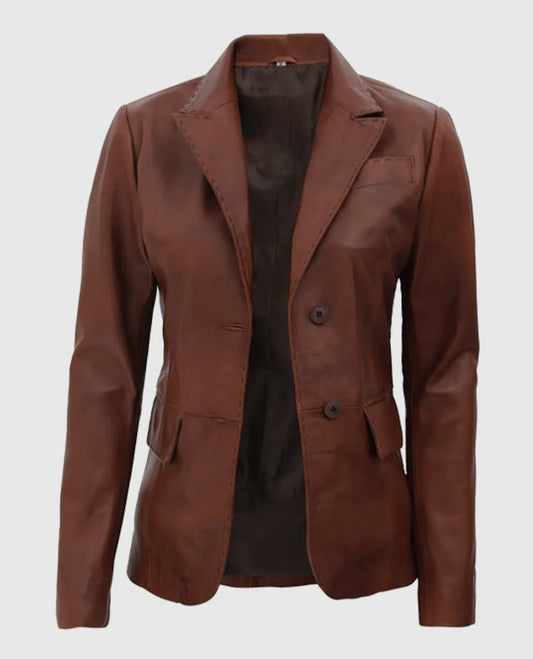 Women's Brown Two Button Leather Blazer Jacket – Premium Outerwear - side angle view