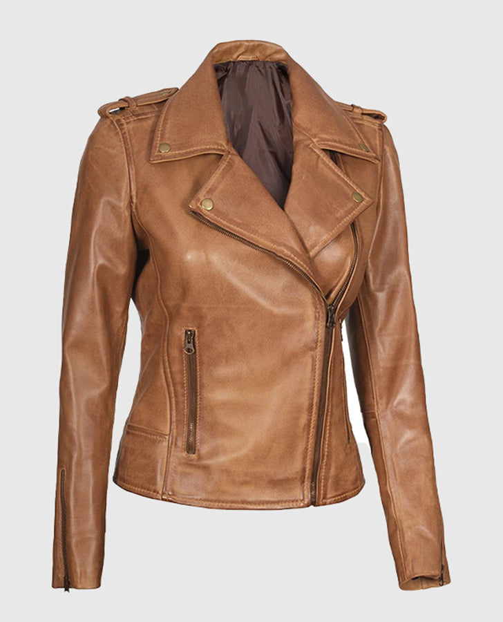 Kirsten Women's Asymmetrical Camel Brown Real Tan Leather Biker Jacket - collar and zip close-up