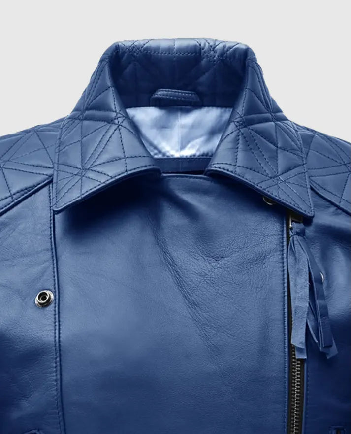 Women's Blue Biker Leather Jacket – Premium Outerwear - collar and zip close-up