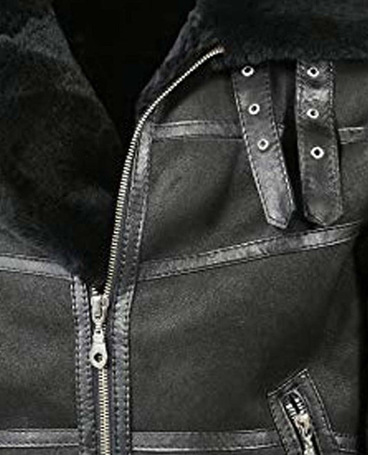 Men's Aviator B16 Sheepskin Black Shearling Leather Jacket - side angle view