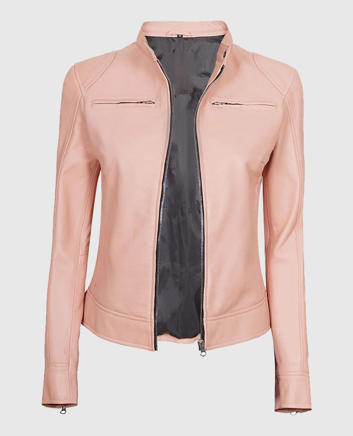 Women's Cafe Racer Light Pink Leather Jacket – Premium Outerwear - sleeve and cuff detail