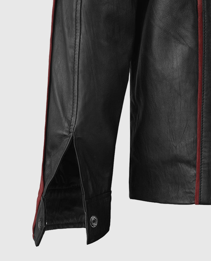 ME3 Commander Shepard N7 Black Leather Jacket for Men - collar and zip close-up