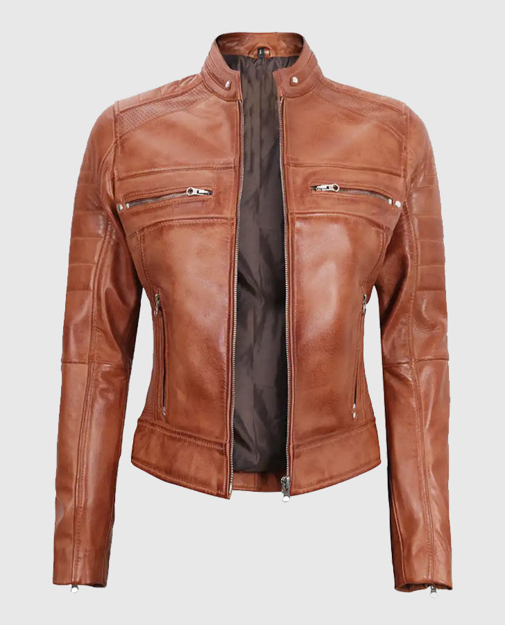 Women's Tan Cafe Racer Leather Jacket – Premium Outerwear - inner lining view
