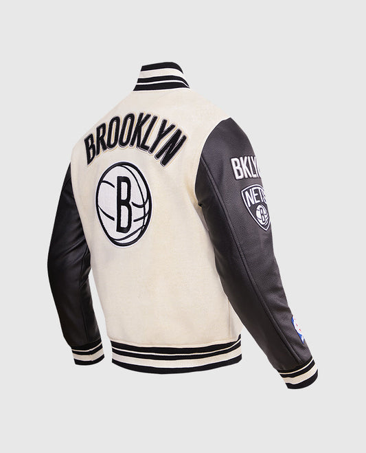 NBA Brooklyn Nets Men's Black & White Varsity Leather Jacket - side angle view