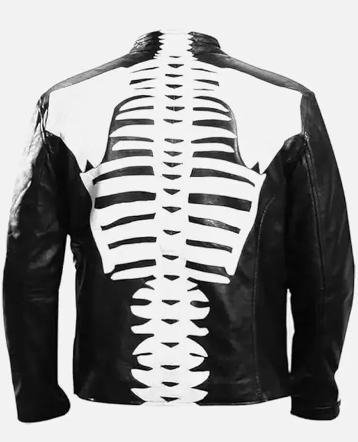 Halloween Special Spooky Skeleton Bones Cosplay Black Leather Jacket - collar and zip close-up