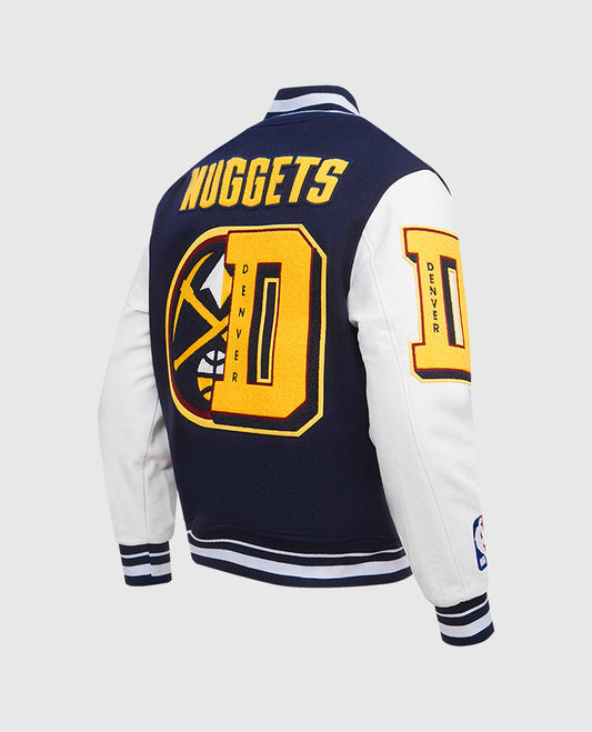 NBA Denver Nuggets Men's Rib Blue & White Wool Varsity Jacket - side angle view
