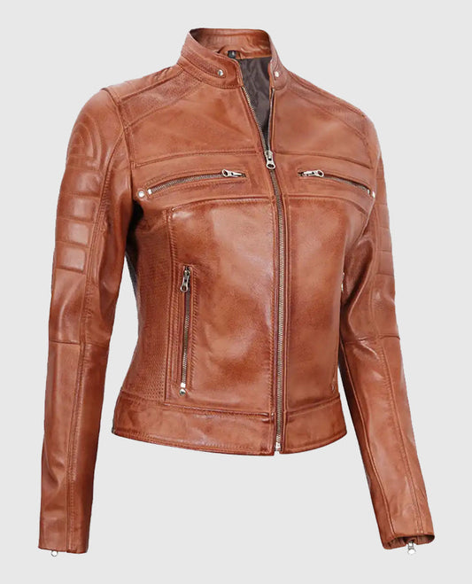 Women's Tan Cafe Racer Leather Jacket – Premium Outerwear - side angle view