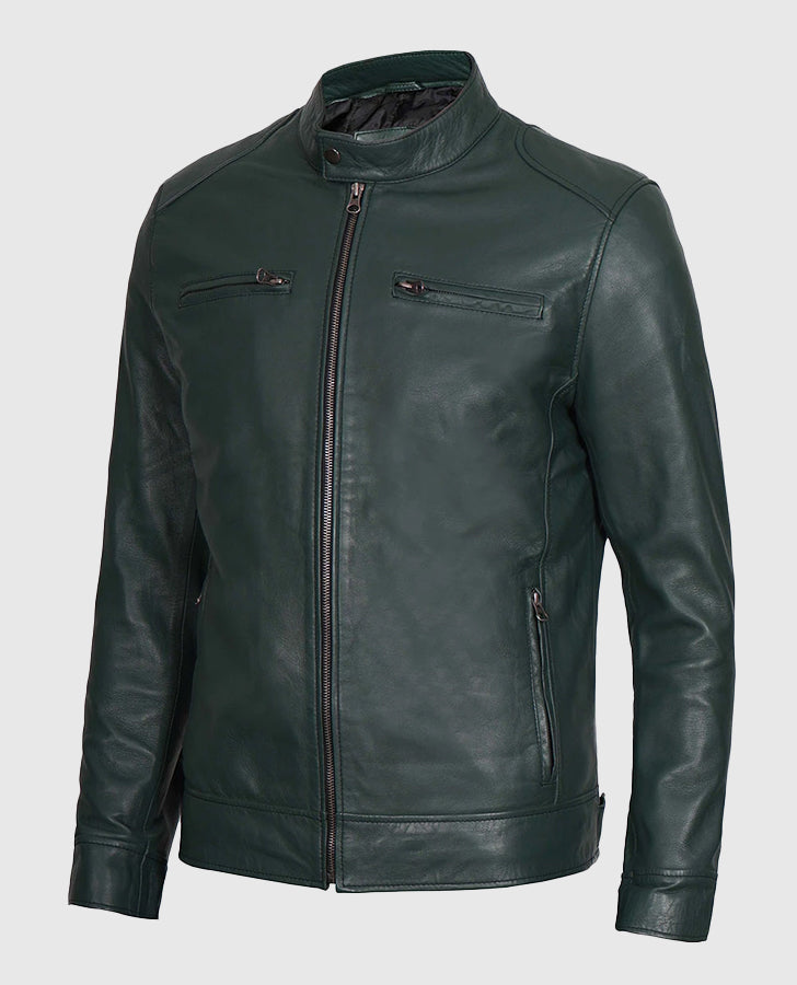 Men's Dark Green Cafe Racer Leather Jacket – Custom Fit - inner lining view