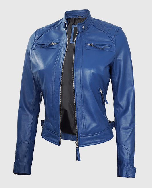 Women's Blue Diamond Cafe Racer Leather Jacket – Premium Outerwear - side angle view