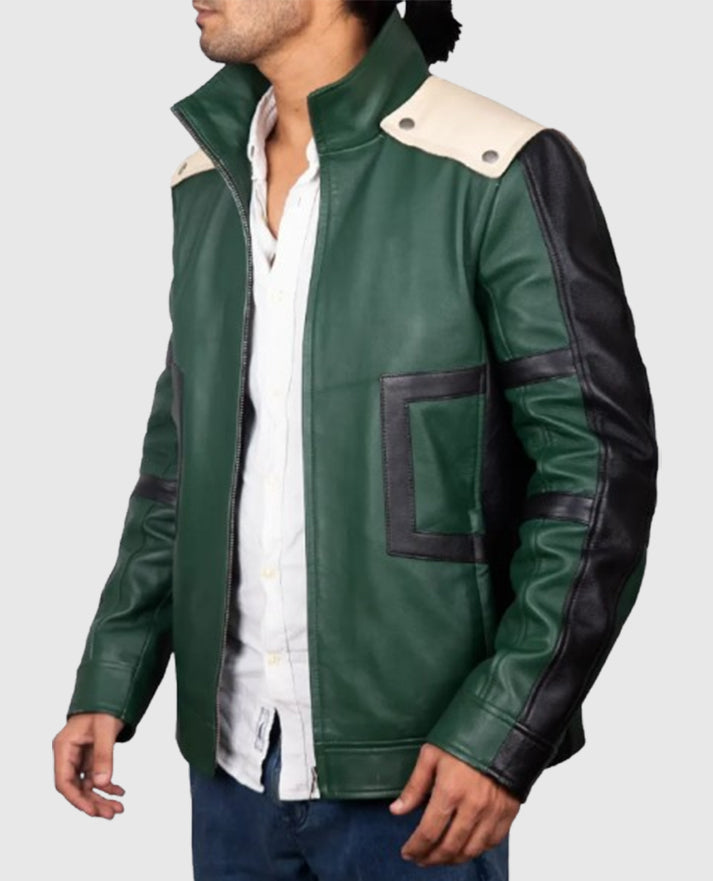 Izuku Midoriya My Hero Academia Green Leather Jacket for Men - collar and zip close-up