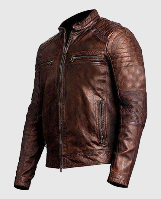 Men's Cafe Racer Vintage Retro Brown Leather Jacket - front view