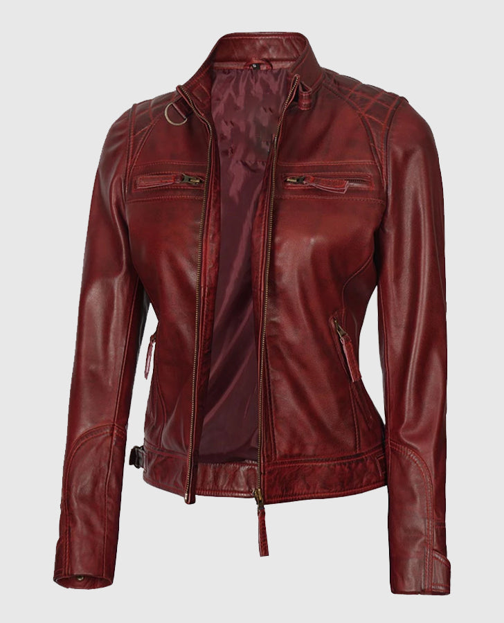 Johnson Women's Maroon Quilted Cafe Racer Leather Jacket - inner lining view