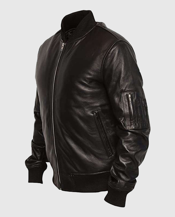 Men's Black Varsity Bomber Leather Jacket – Custom Fit - side angle view