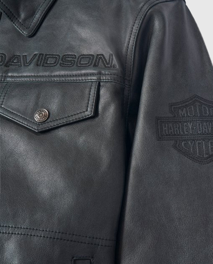 Men's Harley Davidson Iron Mountain Charcoal Black Leather Jacket - side angle view