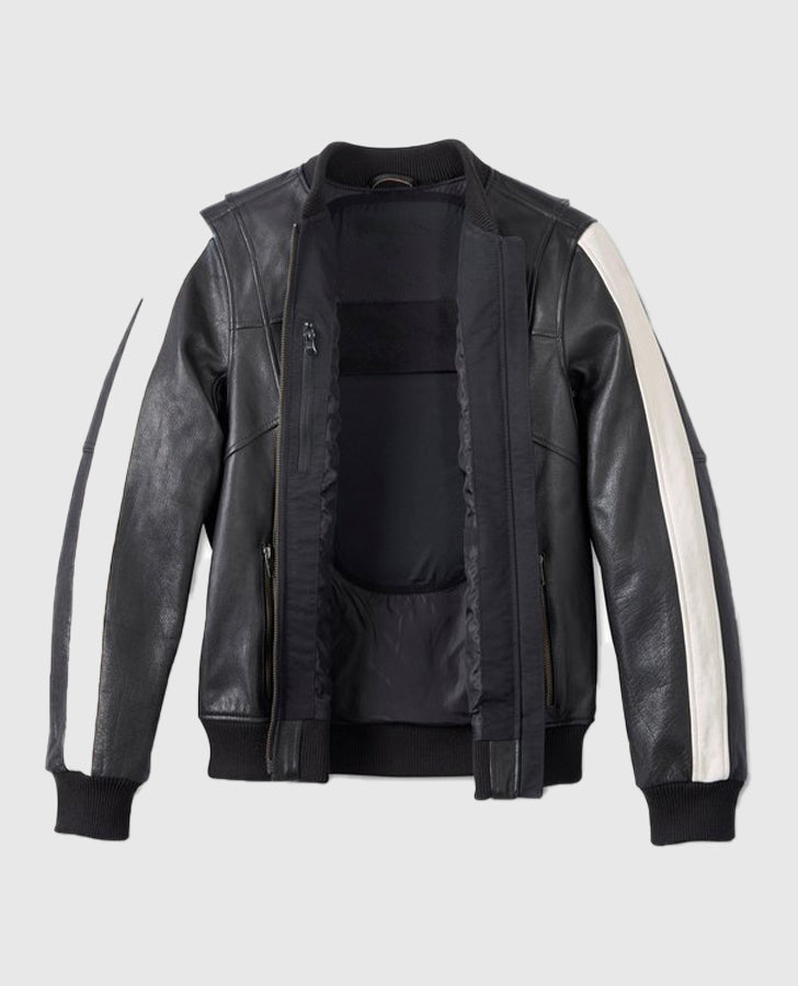 Women's Harley Davidson Piper Black Bomber Leather Jacket - collar and zip close-up