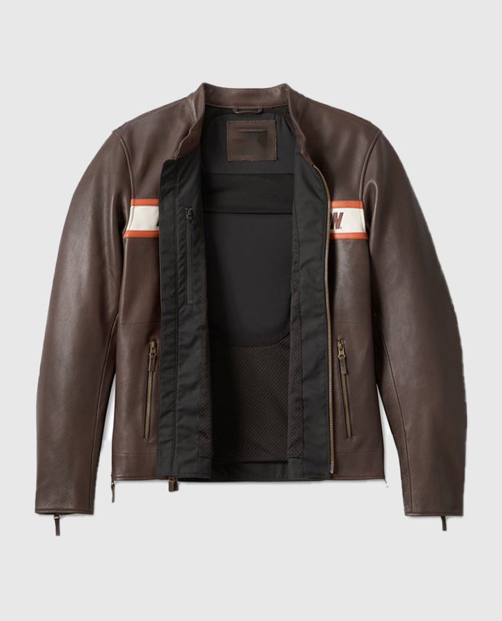 Men's Victory Lane II Brown Leather Jacket – Custom Fit - collar and zip close-up