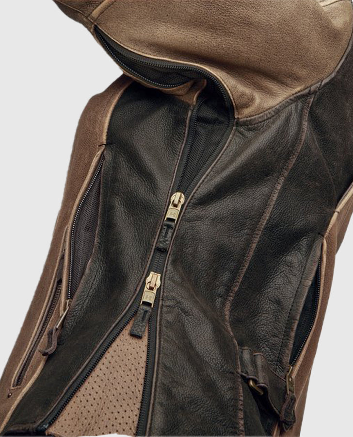 Women's H-D Triple Vent System Gallun Leather Riding Brown Jacket - collar and zip close-up