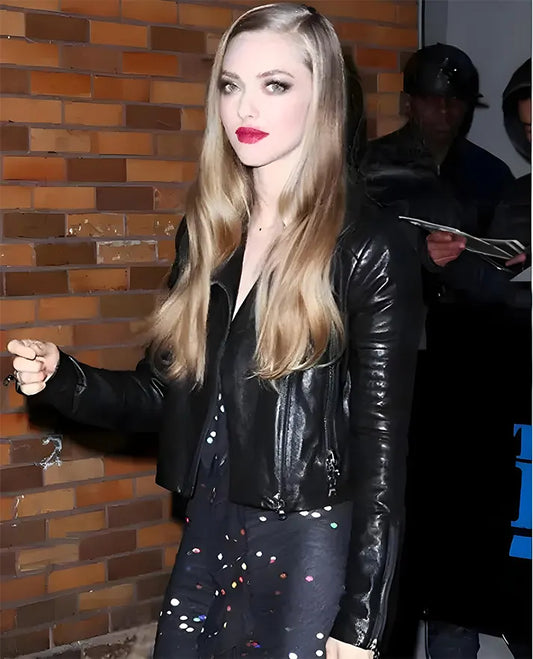 Amanda Seyfried Black Leather Jacket for Women – Premium Outerwear - front view