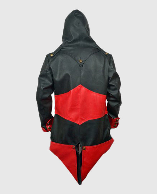 Assassins Creed 3 Black and Red Hooded Leather Jacket for Men - side angle view