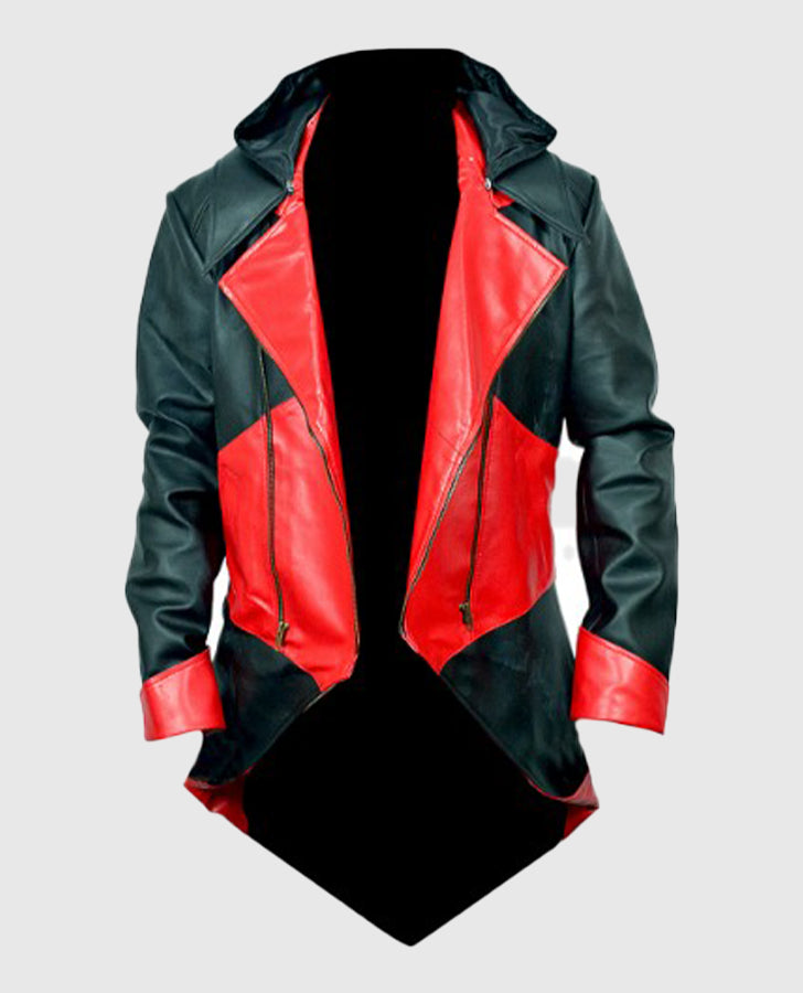 Assassins Creed 3 Black and Red Hooded Leather Jacket for Men - model wearing the jacket