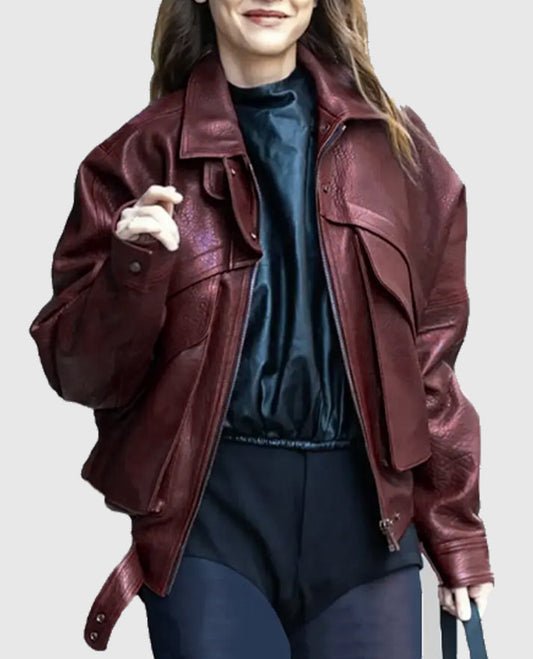 Barbara Palvin Maroon Leather Bomber Jacket for Women - front view