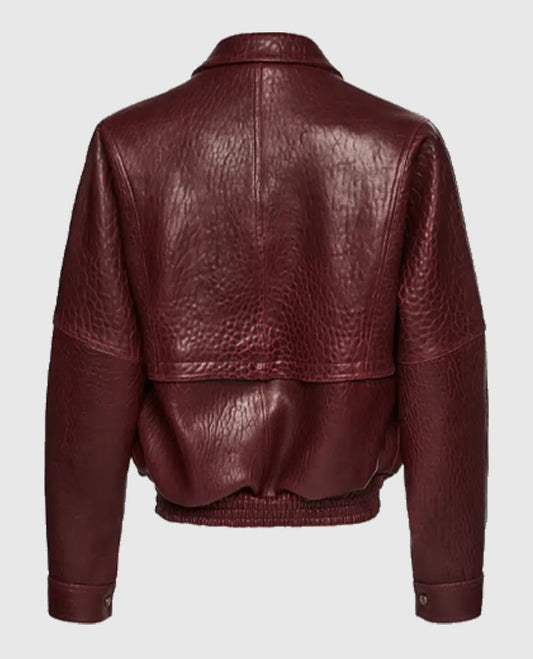 Barbara Palvin Maroon Leather Bomber Jacket for Women - side angle view