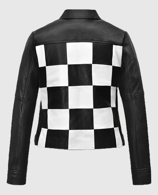 Women's Black & White Biker Leather Jacket | Genuine Leather - front view