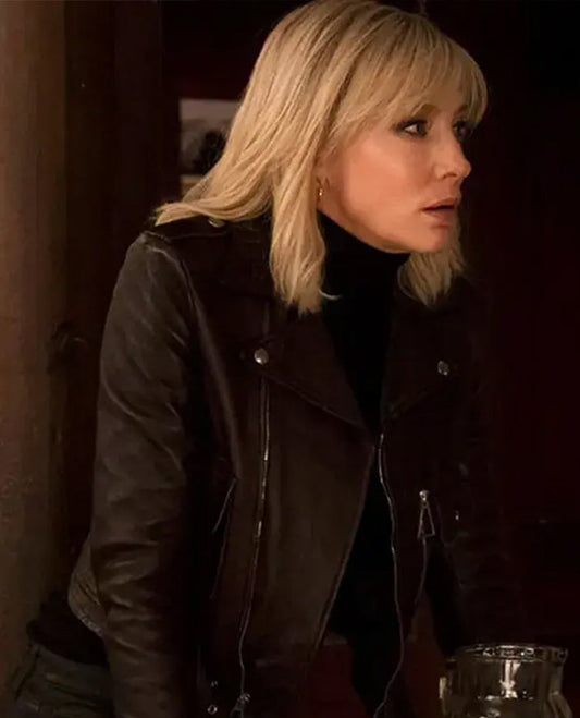 Cate Blanchett Black Leather Biker Jacket for Women - front view