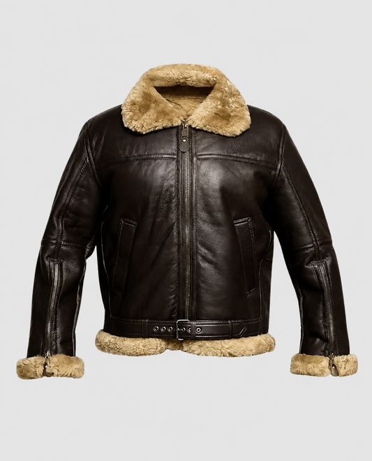 FUR Aviator Flying Pilot Bomber Brown Leather Jacket for Men