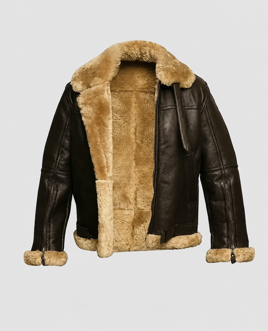FUR Aviator Flying Pilot Bomber Brown Leather Jacket for Men