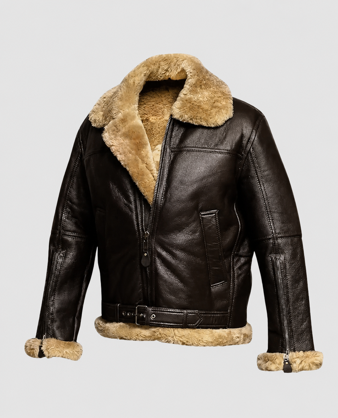 FUR Aviator Flying Pilot Bomber Brown Leather Jacket for Men