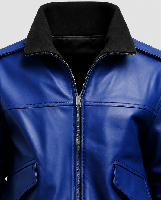 Men's Blue Leather Bomber Jacket – Custom Fit | Genuine Leather