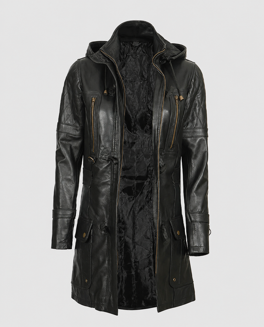 Women's Black Slim Fit Hooded Leather Coat – Premium Outerwear