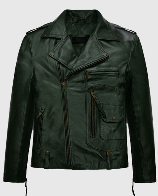 Chris Pine Black Leather Biker Jacket for Men – Custom Fit - front view