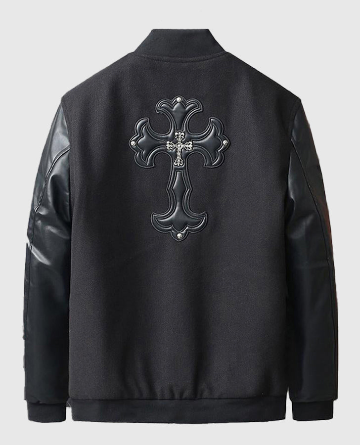 Men's Chrome Cross Letterman Bomber Black Leather Jacket - back view