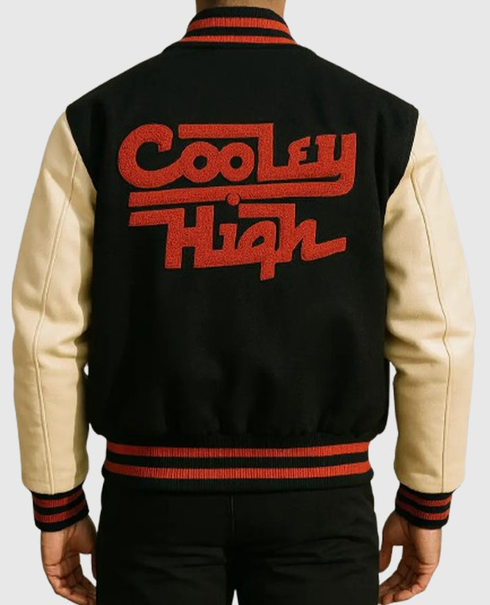 Cooley High Black and Off White Letterman Leather Jacket for Men - back view