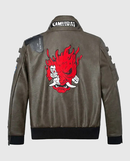 Cyberpunk-2077 Beige Bomber Samurai Leather Jacket for Men - side angle view