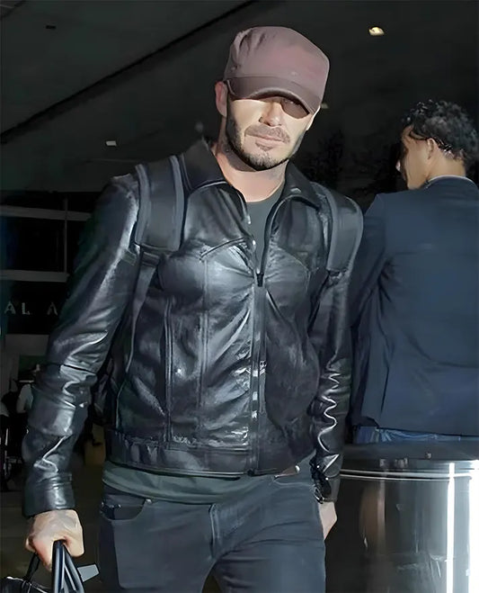 David Beckham Black Leather Jacket for Men – Premium Outerwear - front view