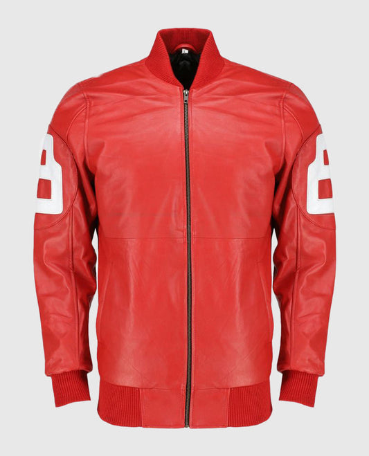 Dizller 8 Ball Pool Red Letterman Bomber Leather Jacket for Men - front view